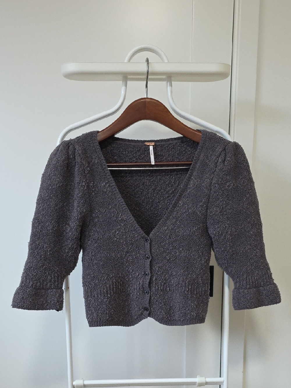 Free People Charcoal Gray Short Puff Sleeve Cardigan Sz S